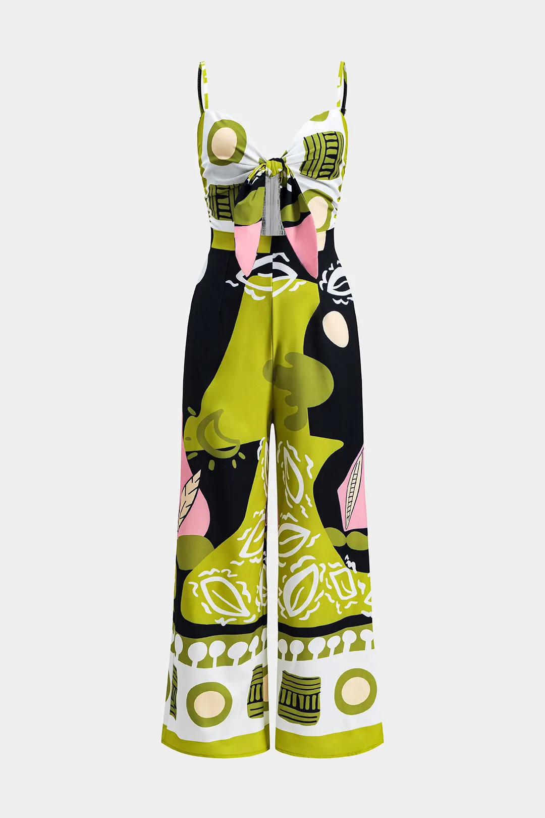 Contrast Print Tie Front Smocked Slip Sleeveless Jumpsuit sold by Micas