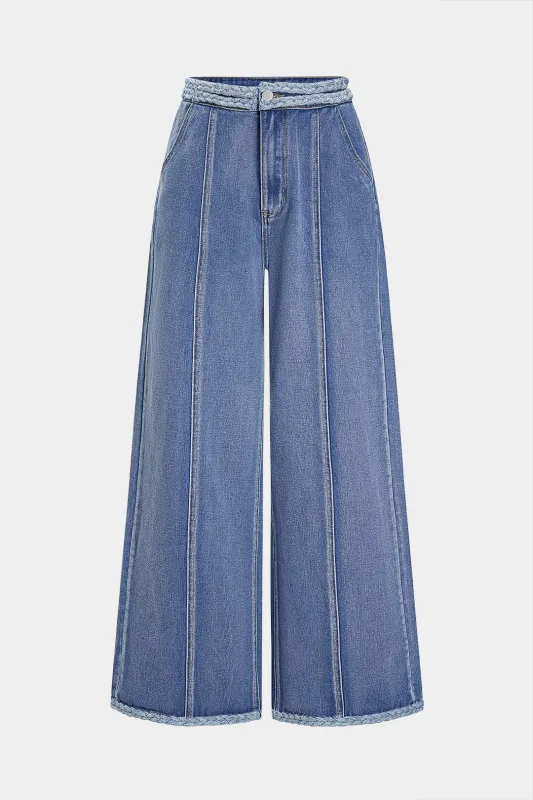 Denim Pocket Braided Wide Leg Jeans sold by Micas