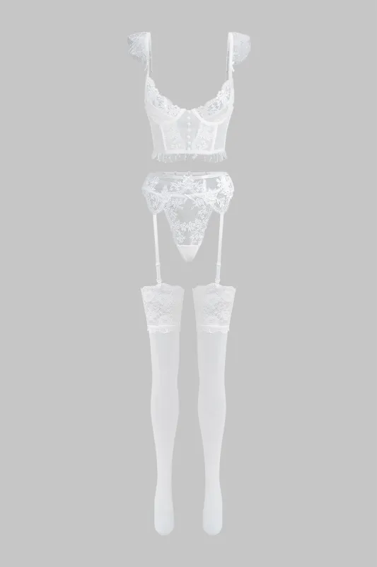 Lace Trim Bra Five-Piece Lingerie Garter Set sold by Micas