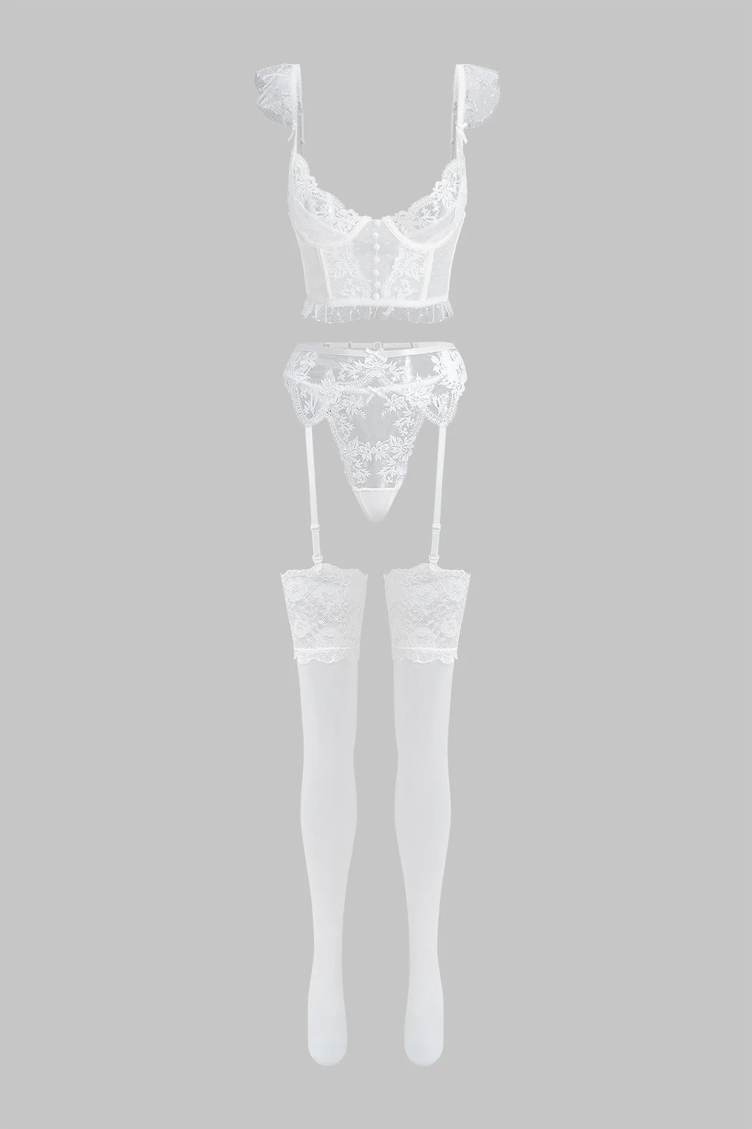 Lace Trim Bra Five-Piece Lingerie Garter Set sold by Micas