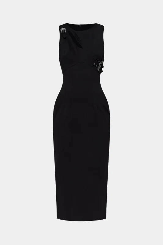 Asymmetrical Metallic Buckle Zipper Sleeveless Maxi Dress sold by Micas
