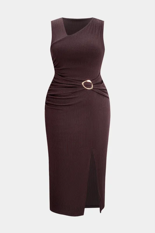 Plus Size Metallic Decor Asymmetrical Ruched Sleeveless Maxi Dress sold by Micas