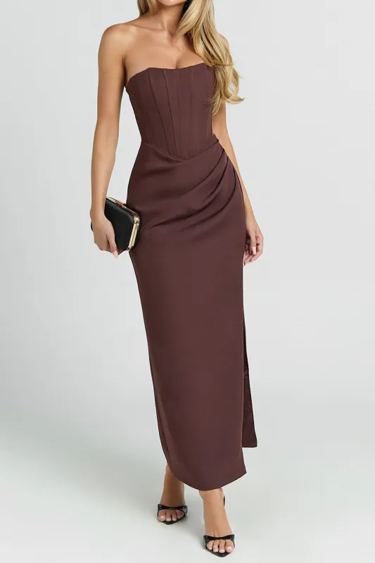Corset Pleated Side Slit Strapless Backless Maxi Dress sold by Micas