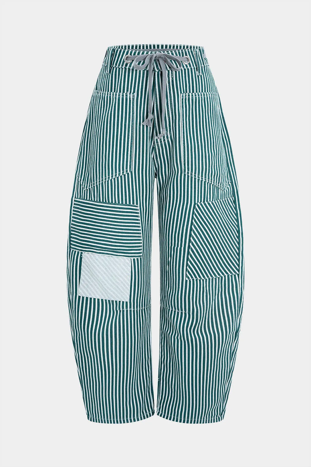 Stripe Print Pocket Drawstring Barrel Trousers sold by Micas