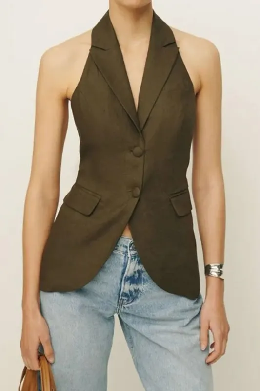 Linen Halter Neck Backless Button Vest sold by Micas