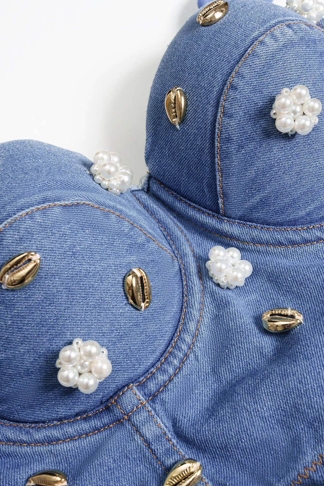 Denim Metallic Pearls Decor Tube Top With Detachable Strap sold by Micas product image thumbnail 4