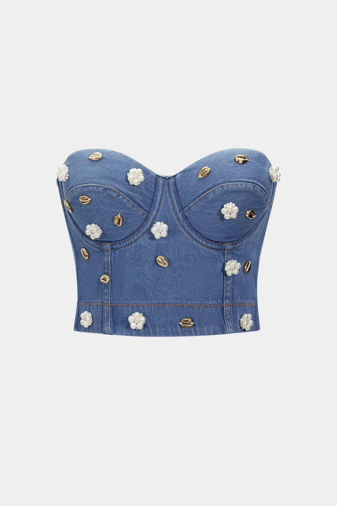 Denim Metallic Pearls Decor Tube Top With Detachable Strap sold by Micas