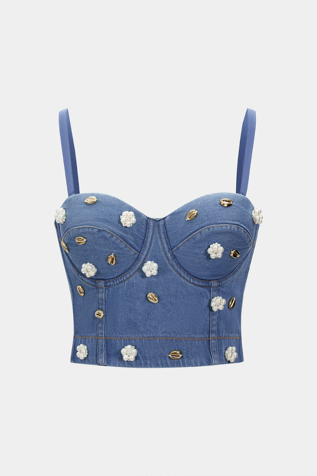 Denim Metallic Pearls Decor Tube Top With Detachable Strap sold by Micas product image thumbnail 2