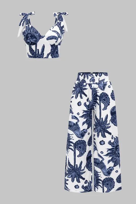 Abstract Print Smocked Tie-Up Slip Cami Top And Trousers Set sold by Micas
