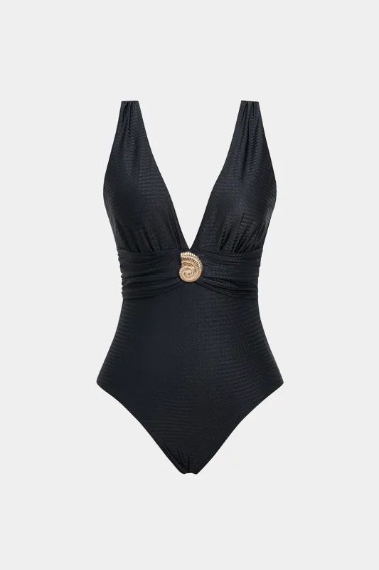 Metallic Decor Ruched Deep V One-Piece Swimsuit sold by Micas