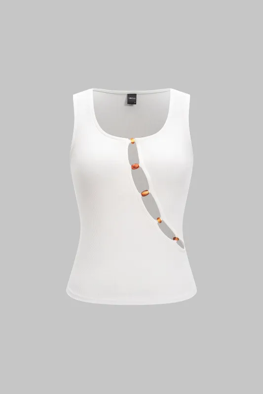 Asymmetrical Beaded Hollow Out Tank Top sold by Micas