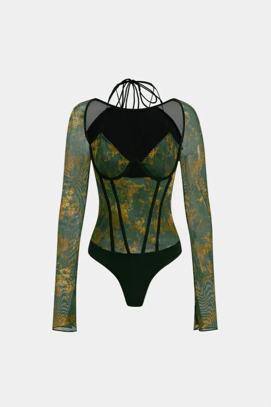 Retro Color Block Print Mesh Corset Slip Tie Back Long Sleeve Bodysuit sold by Micas