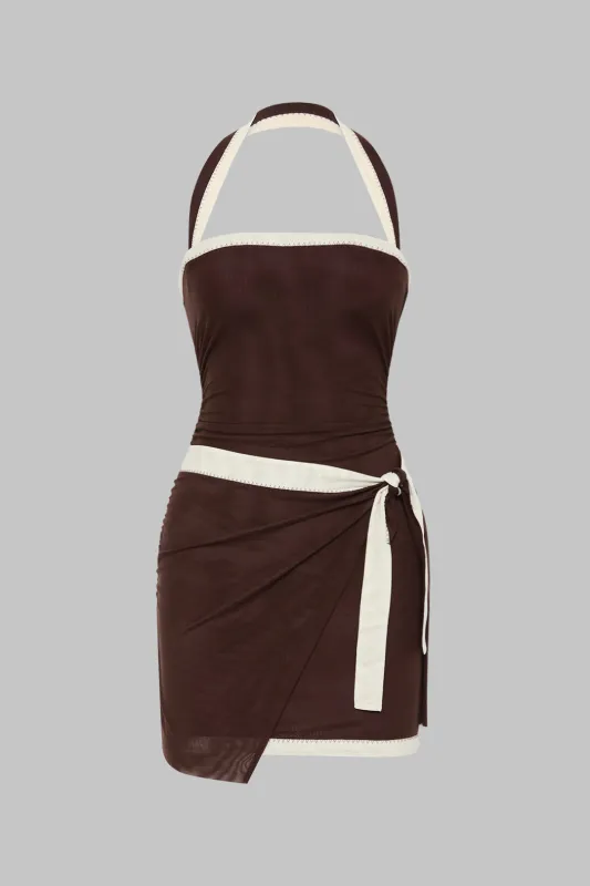 Mesh Halter Neck Contrast Asymmetrical Tie-Front Sleeveless Mini Dress sold by Micas