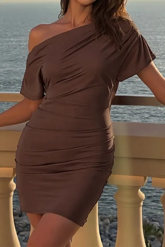 Asymmetrical Shoulder Ruched Short Sleeve Mini Dress sold by Micas
