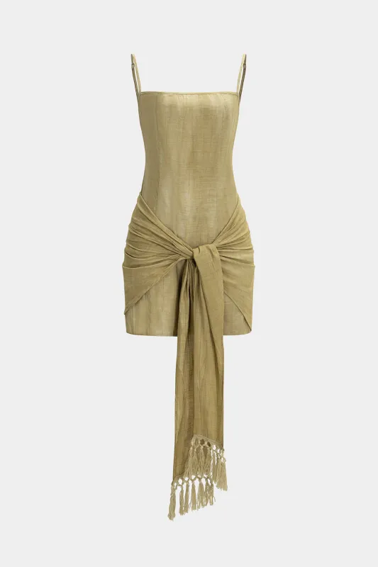 Linen Fringe Trim Tie Front Sleeveless Mini Dress sold by Micas