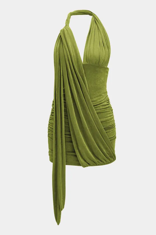 Halter Neck Backless Asymmetrical Ruched Twist Knot Mini Dress sold by Micas