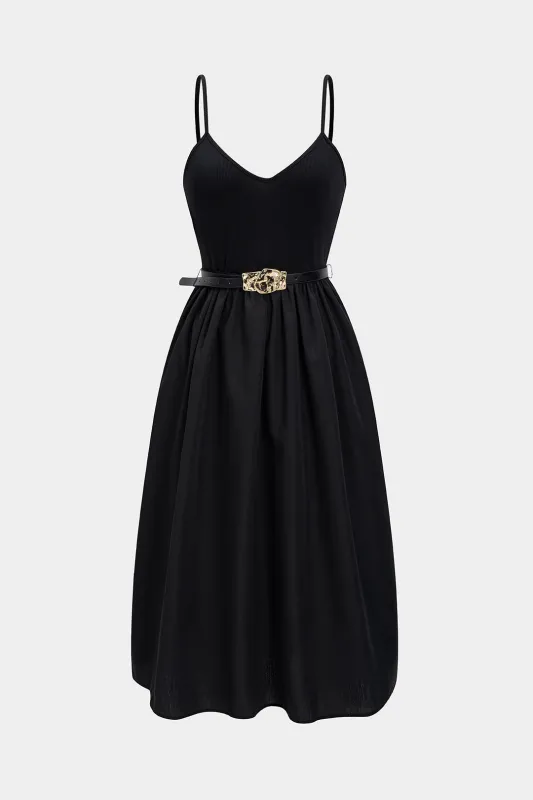 Metallic Belted Patchwork Slip Sleeveless Puff Midi Dress sold by Micas