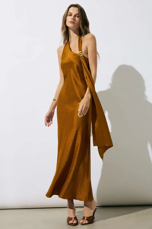 Jacquard Halter Neck Metallic Asymmetrical Backless Sleeveless Maxi Dress sold by Micas