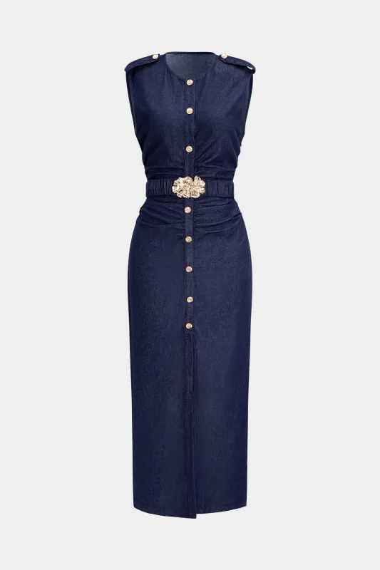 Denim Metallic Button Belted Ruched Short Sleeve Denim Dress sold by Micas