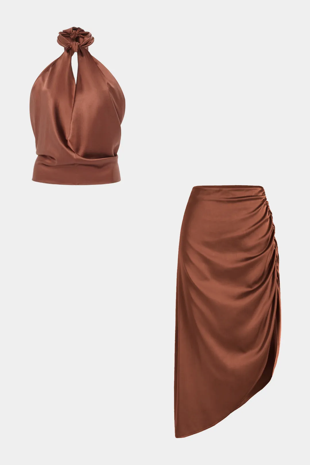 Satin Halter Neck Backless Ruched Cami Top And Pleated Zipper Skirt Set sold by Micas