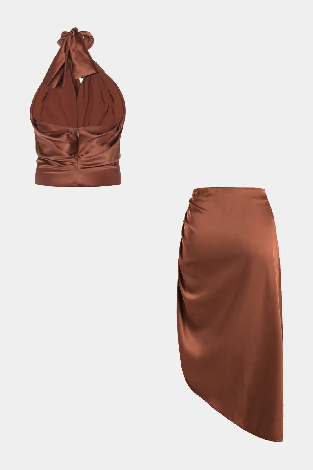 Satin Halter Neck Backless Ruched Cami Top And Pleated Zipper Skirt Set sold by Micas product image thumbnail 2