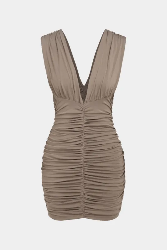 Ruched Deep V-Neck Sleeveless Mini Dress sold by Micas