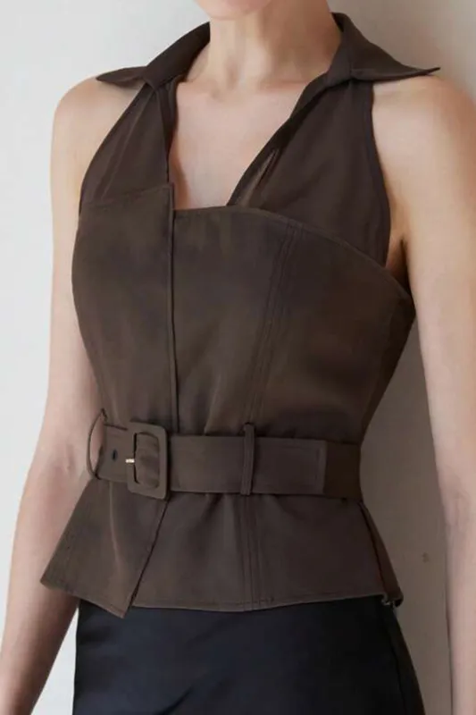 Halter Neck Belted Short-Sleeve Shirt sold by Micas