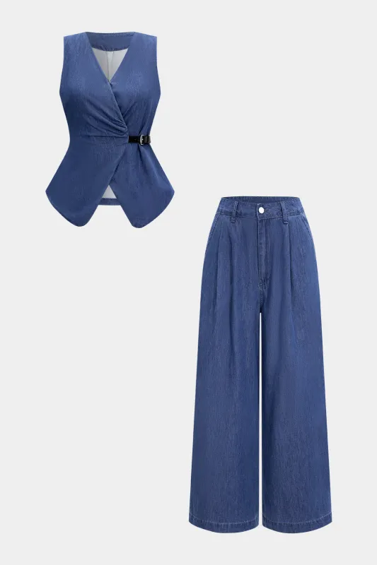 Denim Ruched Belted Tank Top And Zipper Wide Leg Jeans Set sold by Micas