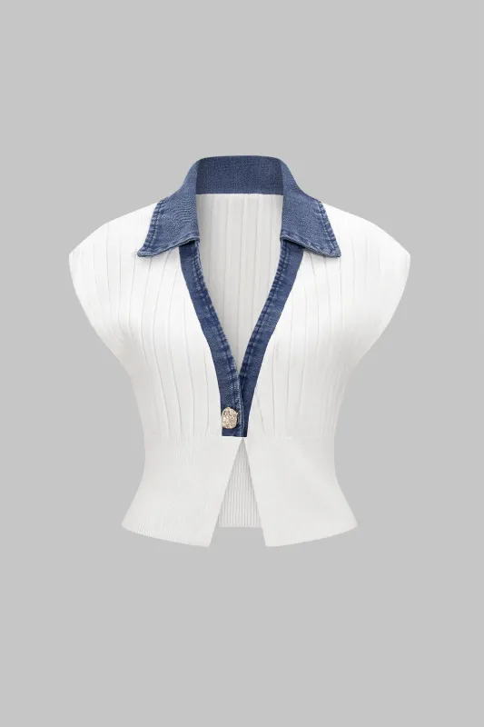 Knit Patchwork Contrast Short-Sleeve Top sold by Micas