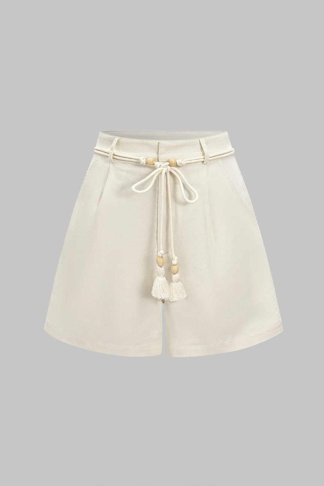 Linen Pocket High Waist Beaded Belted Shorts sold by Micas