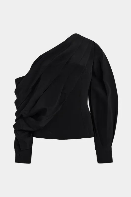 Asymmetrical Neck Ruched Long-Sleeve Shirt sold by Micas