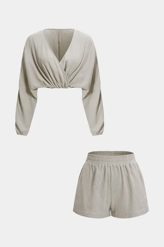 Linen Cross Strappy Long-Sleeve And High Waist Shorts Set sold by Micas