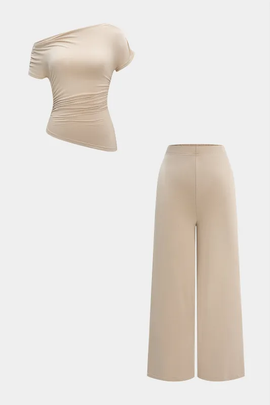 Ruched Asymmetrical Short-Sleeve T-Shirt And Trousers Set sold by Micas