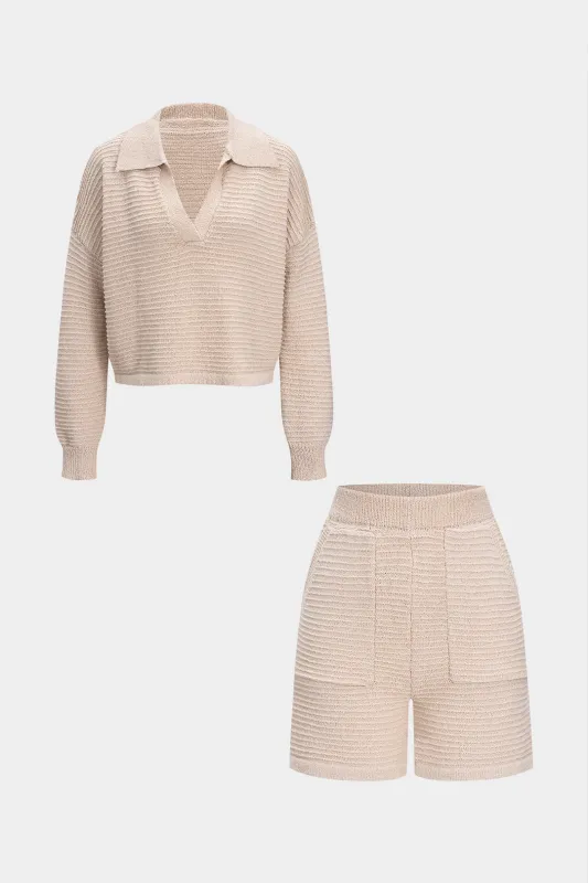 Knit Texture Long-Sleeve Top And Pocket Shorts Set sold by Micas