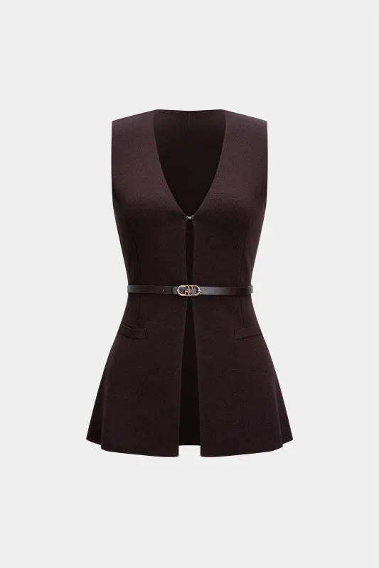 Knit Belted Fake Pockets Tank Top sold by Micas