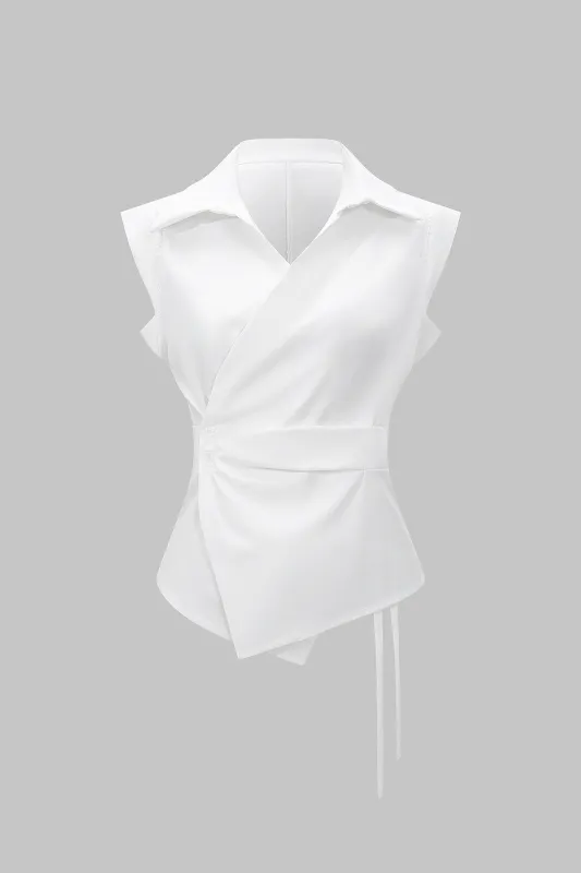 Asymmetrical Button Tie Front Short-Sleeve Shirt sold by Micas