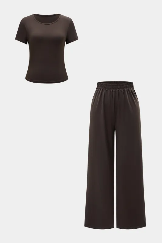 Solid Basic Short-Sleeve T-Shirt And Pleated Wide Leg Trousers Set sold by Micas