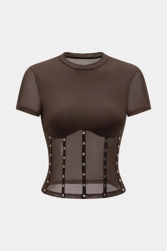 Mesh Patchwork Metallic Studded Short Sleeve T-Shirt sold by Micas