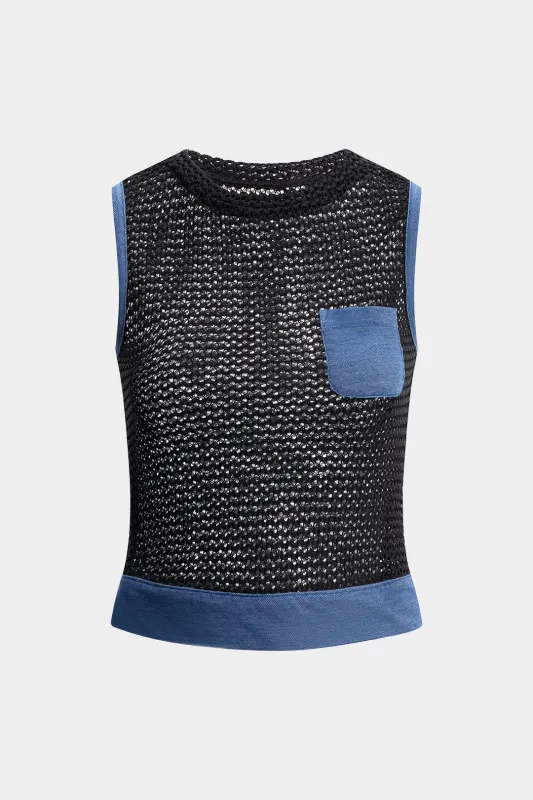 Denim Patchwork Pocket Round Neck Tank Top sold by Micas
