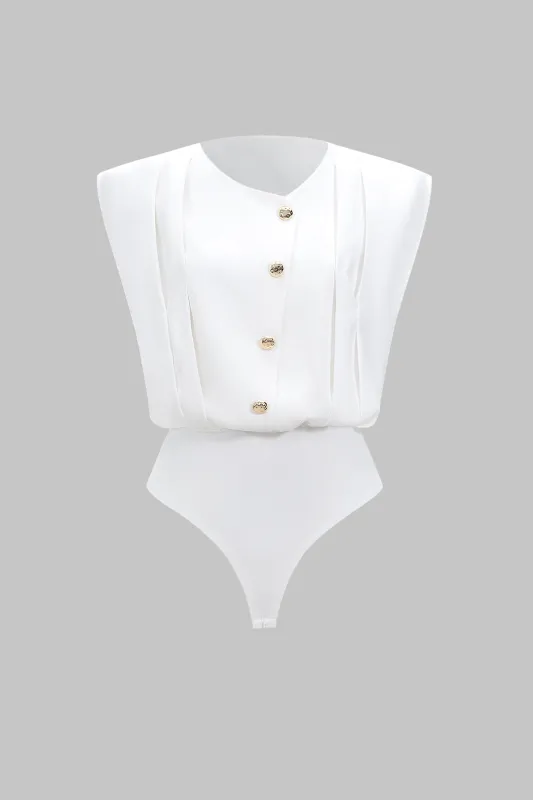 Metallic Button Asymmetrical Ruched Sleeveless Bodysuit sold by Micas