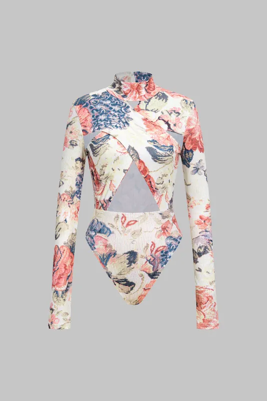 Retro Floral Print Cut Out Long Sleeve Bodysuit sold by Micas