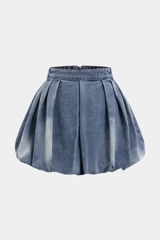 Denim Ruched Puff Mini Skirt sold by Micas