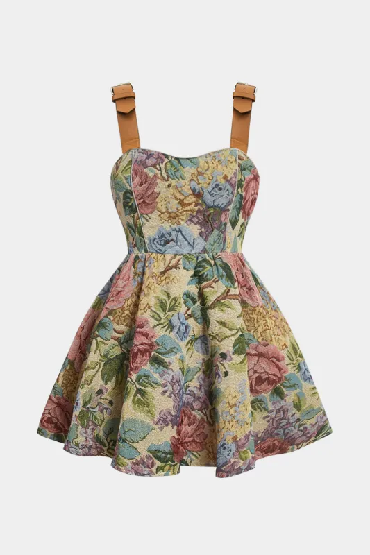 Plus Size Floral Print Jacquard Patchwork Puff Sleeveless Mini Dress sold by Micas