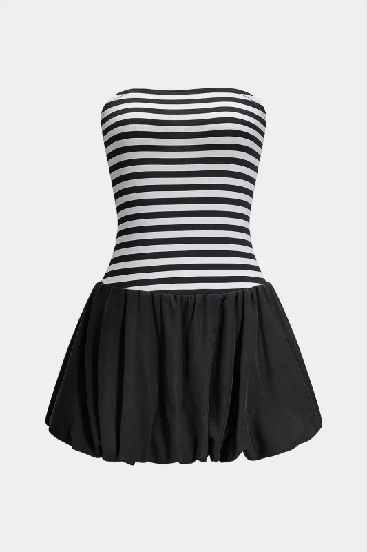 Stripes Print Patchwork Strapless Sleeveless Puff Mini Dress sold by Micas