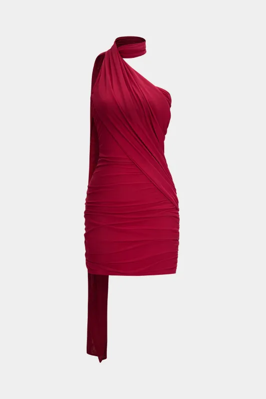 Mesh Halter Neck Ruched Backless Sleeveless Mini Dress With Scarf sold by Micas