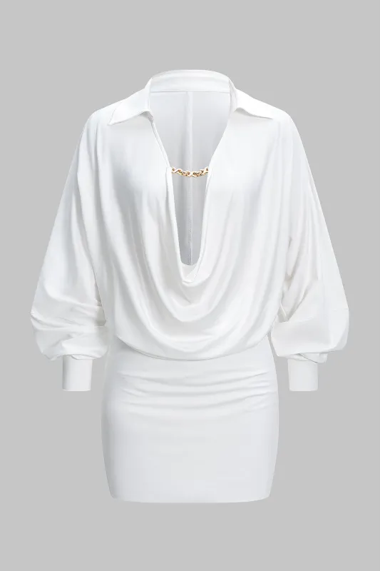 Ruched Draped Cowl V-Neck Long Sleeve Mini Dress sold by Micas
