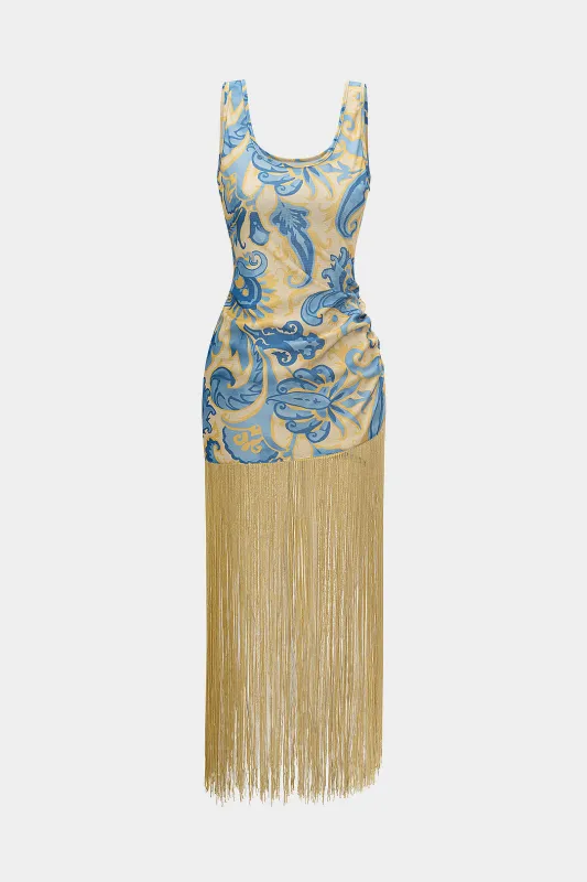 Paisley Print Fringe Patchwork Sleeveless Maxi Dress sold by Micas