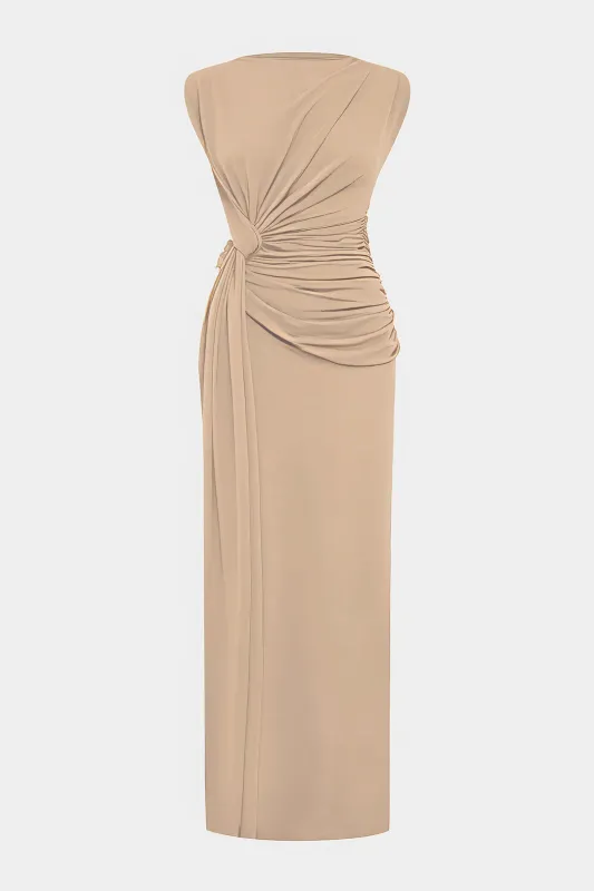 Twist Knot Asymmetrical Ruched Sleeveless Maxi Dress sold by Micas