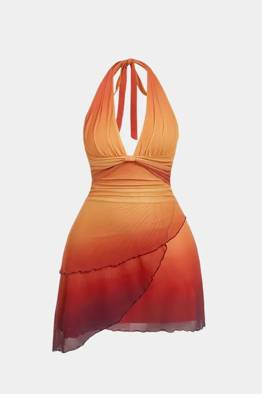 Plus Size Ombre Print Halter Neck Tie-Up Twist Knot Sleeveless Mini Dress made by Micas