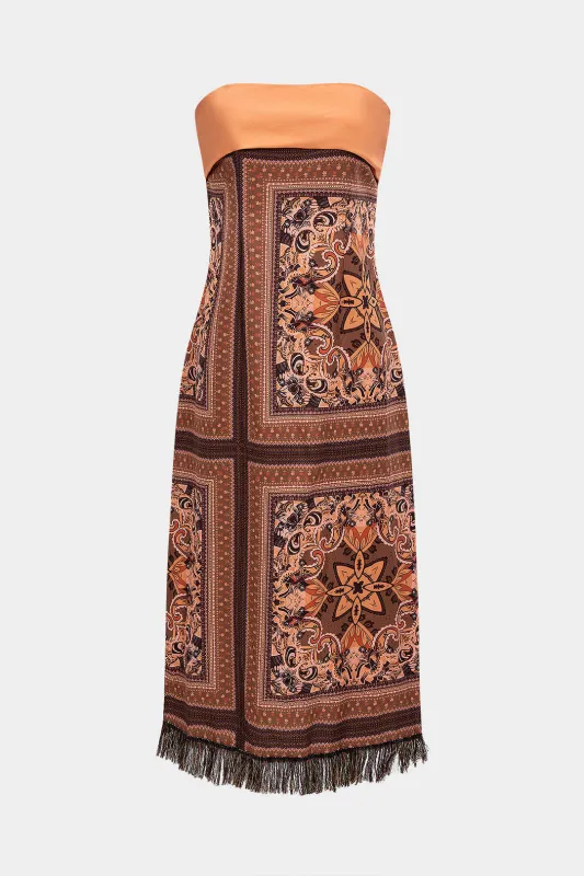 Bohemian Print Satin Fringe Trim Strapless Sleeveless Midi Dress sold by Micas